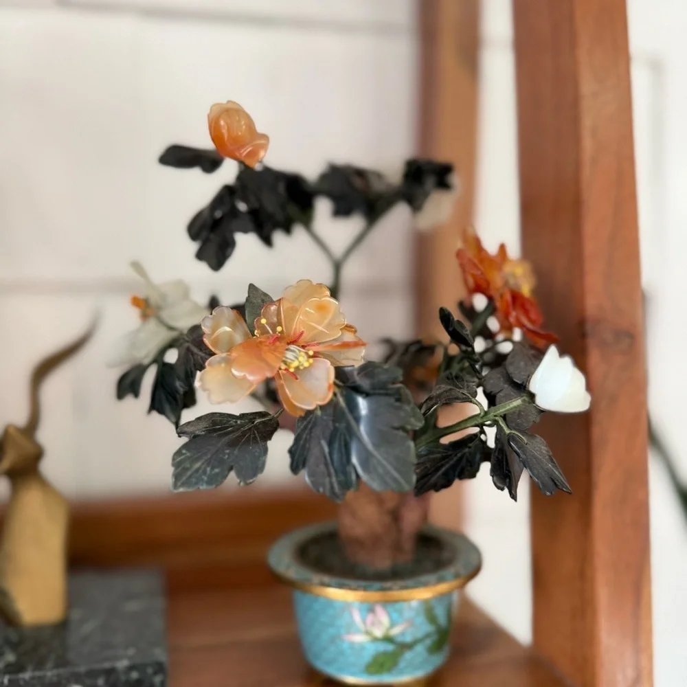 Vintage Chinese Carved Hardstone Flowering Bonsai in a Cloisonne Plant Pot jade
